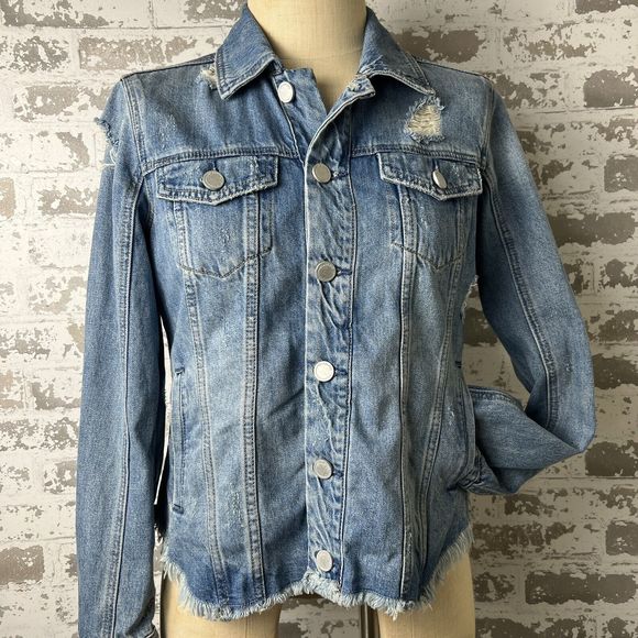 Blank NYC Blue Jean Jacket Womens XS Distressed Frayed Raw‎ Hem Fitted Denim - Picture 1 of 15